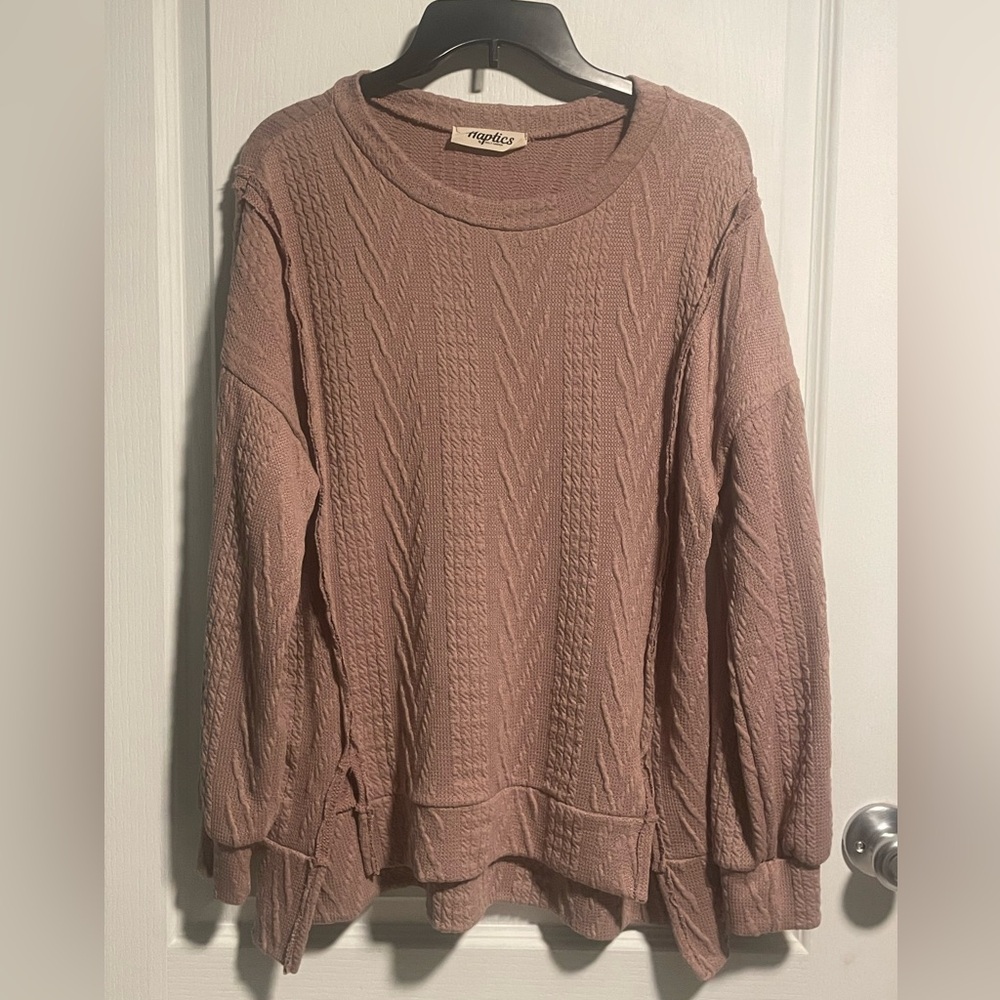 Dusty Mauve Boutique Top with Textured Details and Outseam Hem, Hi-Lo, Small